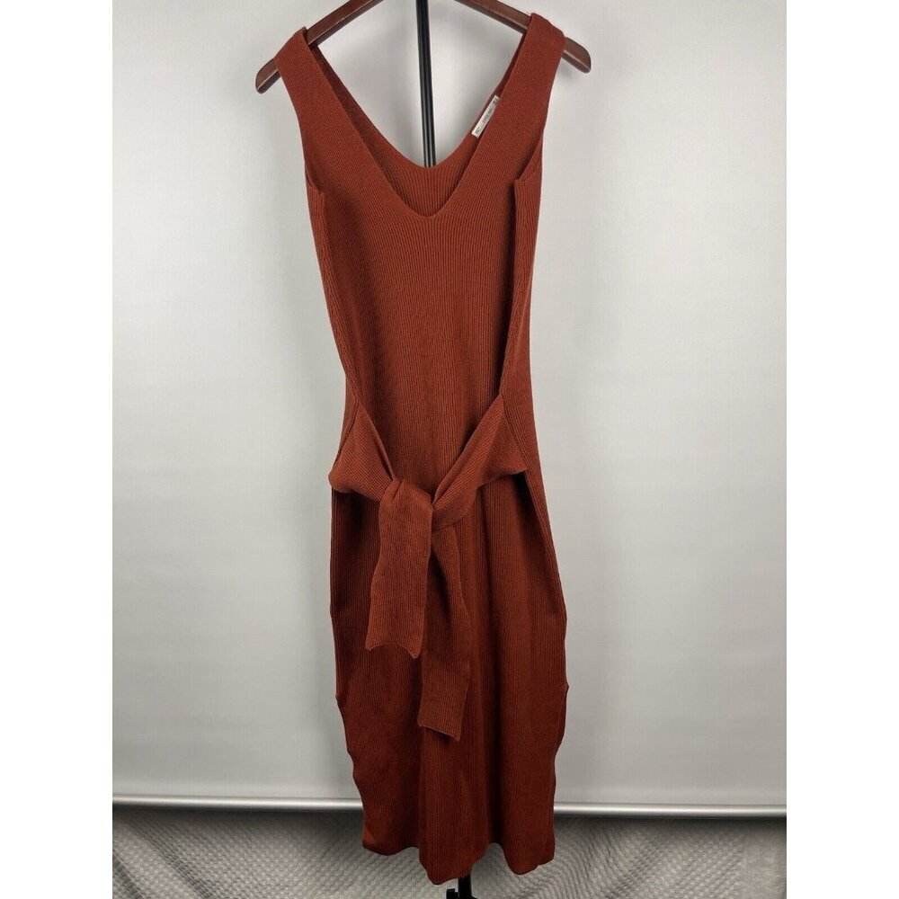 Zara Rust Sienna Orange Ribbed Tie Front‎ Knit V Neck Sweater Dress Size S